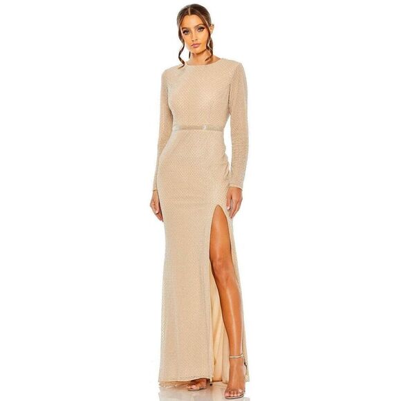 Mac Duggal Evening Gown Womens Sz 12 Beige Beaded Embellished Side Slit Back Zip - Picture 1 of 13
